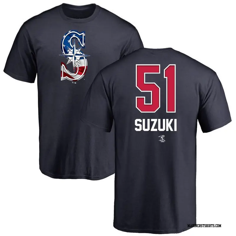 Men's Seattle Mariners ＃51 Ichiro Suzuki Navy Branded Name and Number Banner Wave T-Shirt