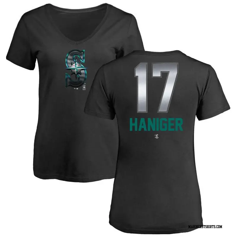 Women's Seattle Mariners ＃17 Mitch Haniger Black Midnight Mascot V-Neck T-Shirt
