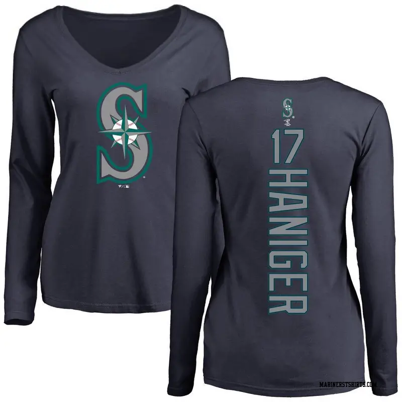 Women's Seattle Mariners ＃17 Mitch Haniger Navy Backer Slim Fit Long Sleeve T-Shirt