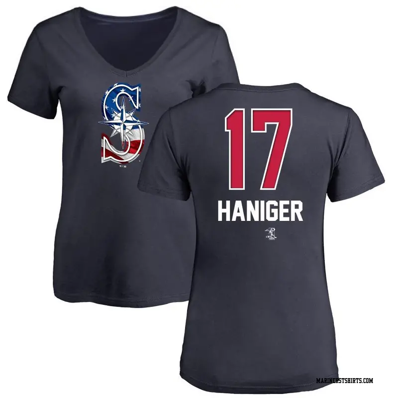 Women's Seattle Mariners ＃17 Mitch Haniger Navy Name and Number Banner Wave V-Neck T-Shirt