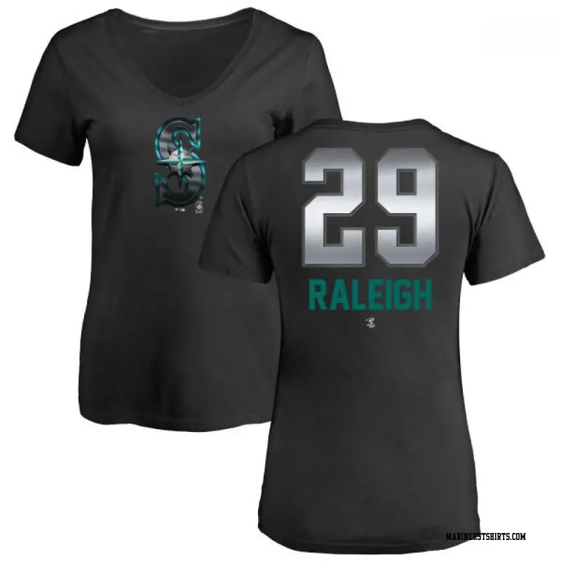 Women's Seattle Mariners ＃29 Cal Raleigh Black Branded Midnight Mascot V-Neck T-Shirt