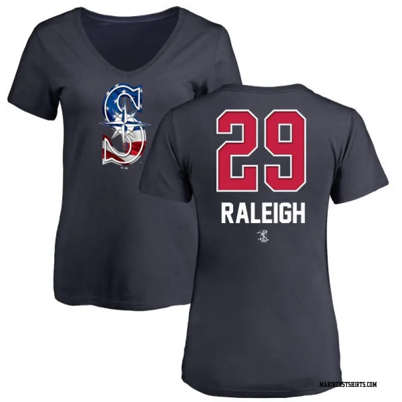 Women's Seattle Mariners ＃29 Cal Raleigh Navy Branded Name and Number Banner Wave V-Neck T-Shirt