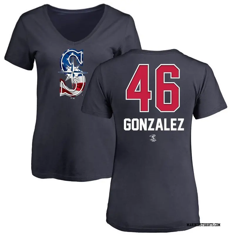 Women's Seattle Mariners ＃46 Domingo Gonzalez Navy Name and Number Banner Wave V-Neck T-Shirt
